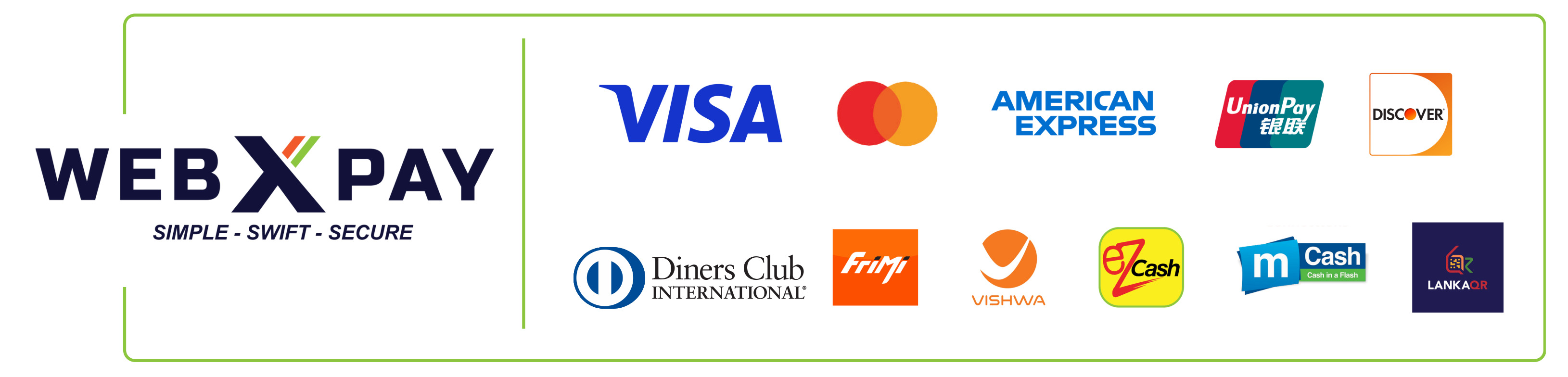 Visa / Master / Amex / Diners Club / Discover / China Union Pay / DFCC Wallet / Sampath Vishwa / eZcash / MCash / FriMi / UPay / Genie